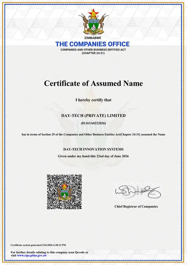 Certificate of Assumed Name for Day-Tech Innovation Systems