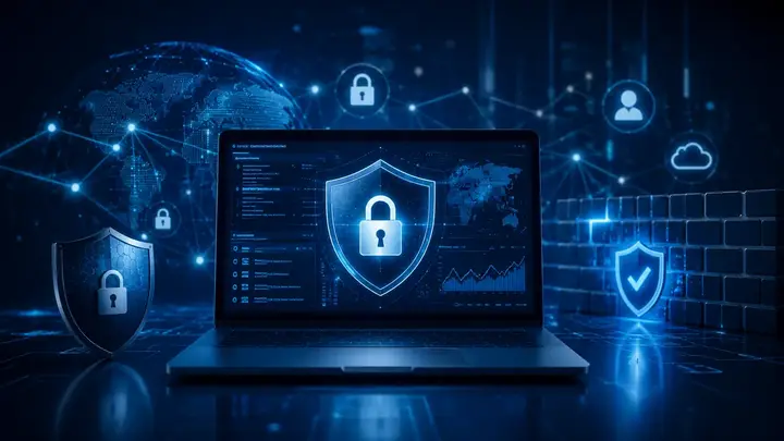 Cybersecurity protection with shield, secure laptop, network protection and data security