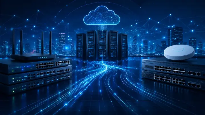 Network infrastructure with servers, switches, cloud connectivity and enterprise networking equipment
